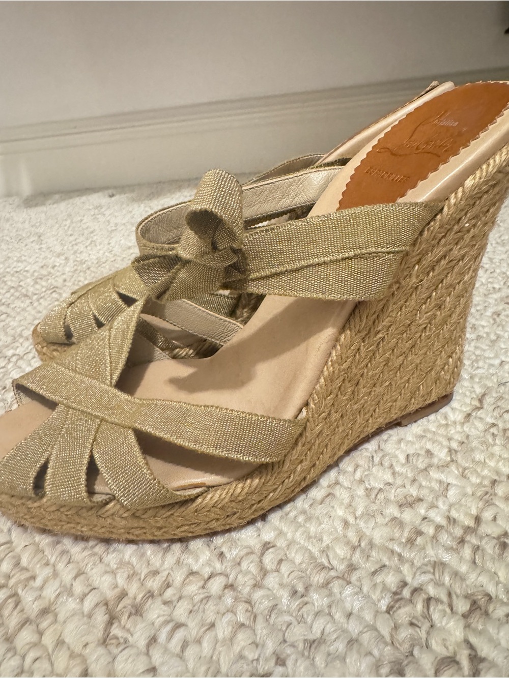 Christian Louboutin - Woven Espadrille Wedge Sandals in Natural Gold Women’s 38
